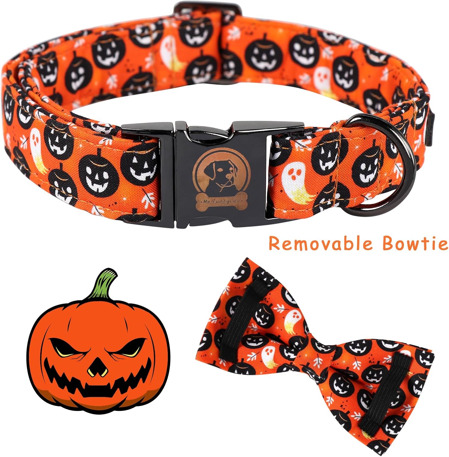 Collar de perro de Halloween con lazo MR. CHUBBYFACE – Collar con diseño de calabaza y fantasma con corbatín para cachorros, perros pequeños,