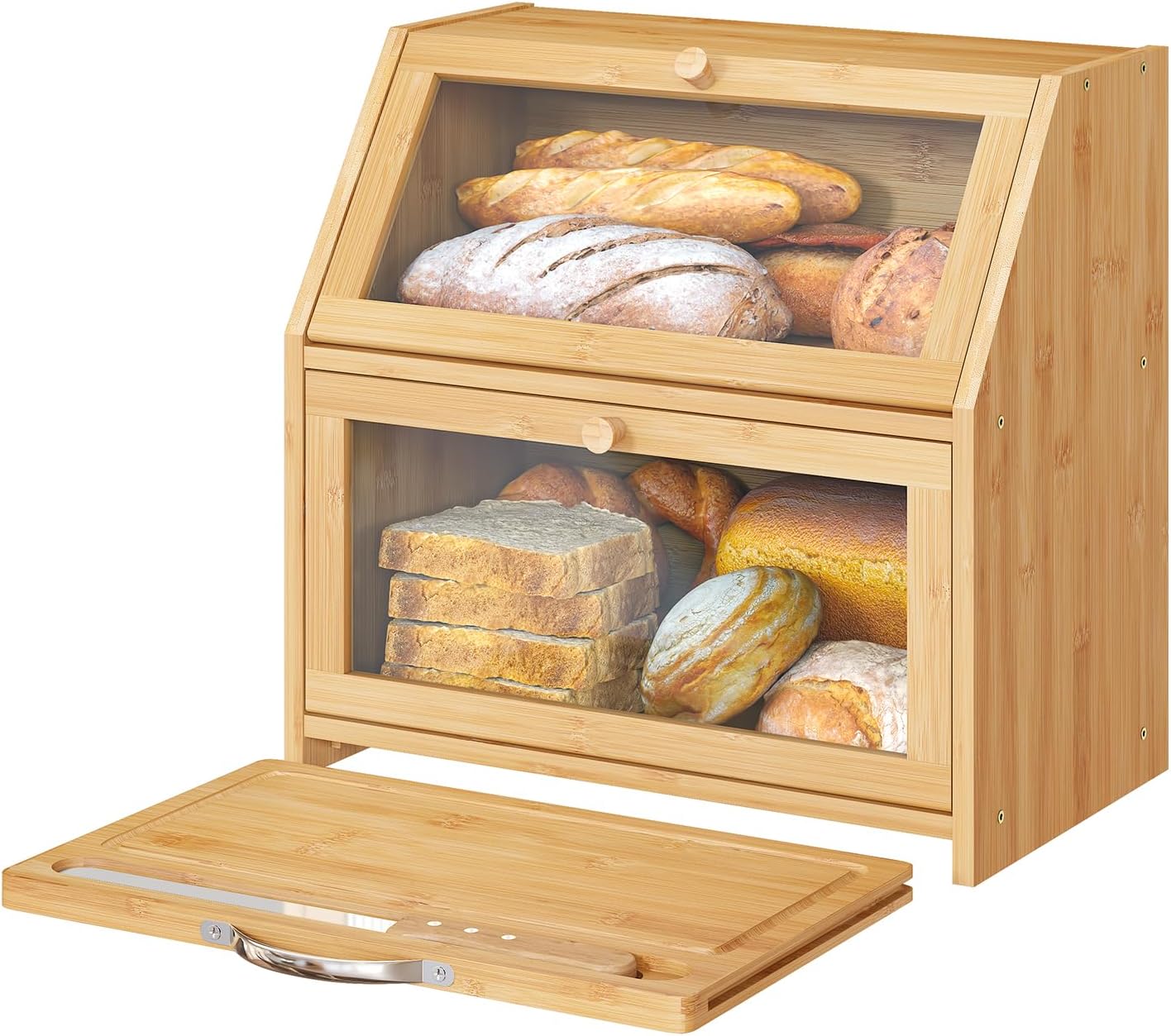Panera grande con tabla de cortar, panera para encimera de cocina, panera de madera de bambú (panel de puerta transparente + tabla de cortar)