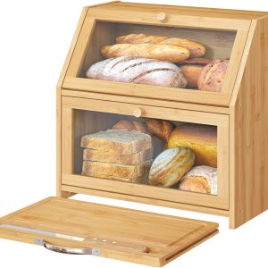 Panera grande con tabla de cortar, panera para encimera de cocina, panera de madera de bambú (panel de puerta transparente + tabla de cortar) Panera grande con tabla de cortar, panera para encimera de cocina, panera de madera de bambú (panel de puerta transparente + tabla de cortar)