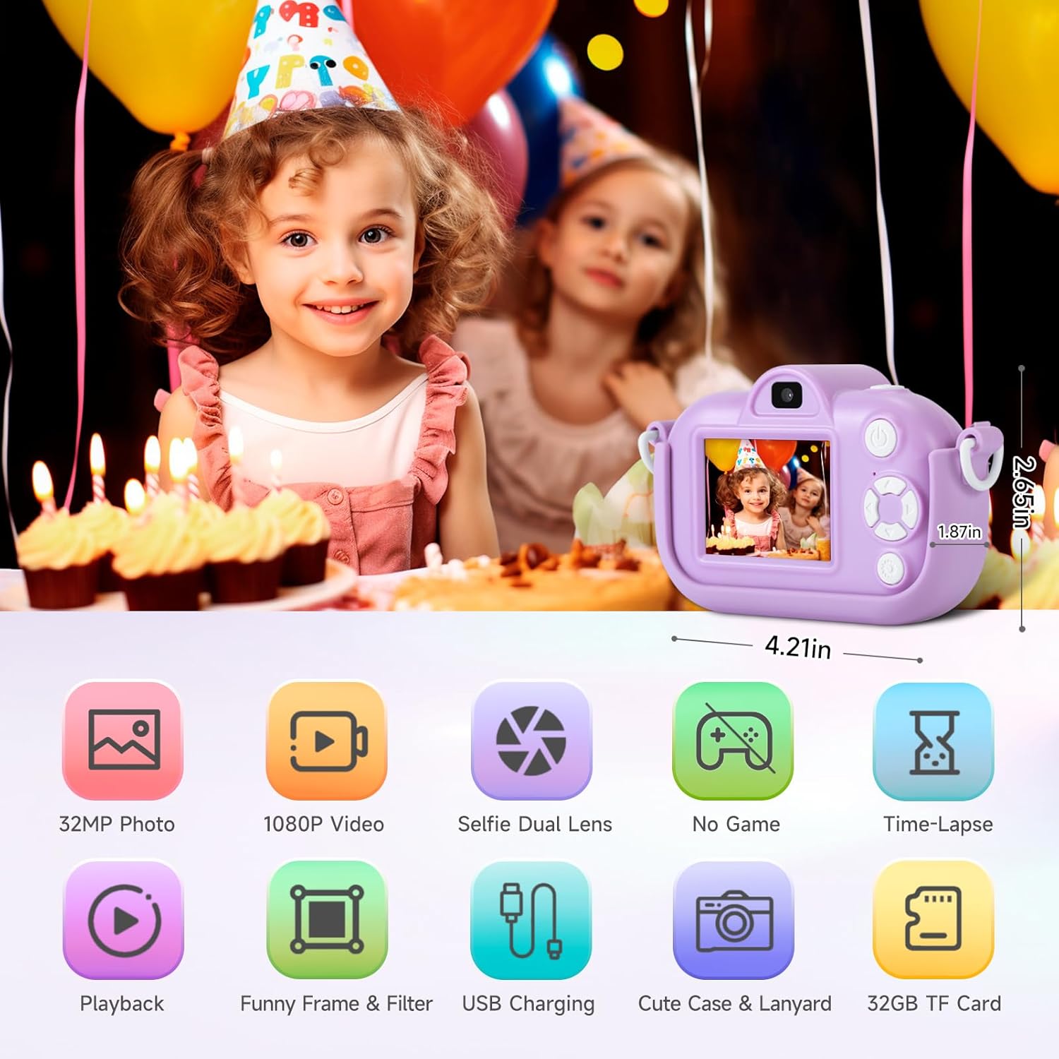 Cámara digital de doble lente de 32 MP para niños y niñas de 3, 4, 5, 6, 7, 8, 9 años, regalos de Navidad, cumpleaños, cámara de video selfie 1080P
