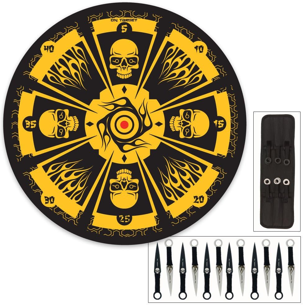 Skull Master – Juego de cuchillos de lanzamiento y objetivo  12 cuchillos de lanzamiento de acero inoxidable, funda de nailon duradera, objetivo de