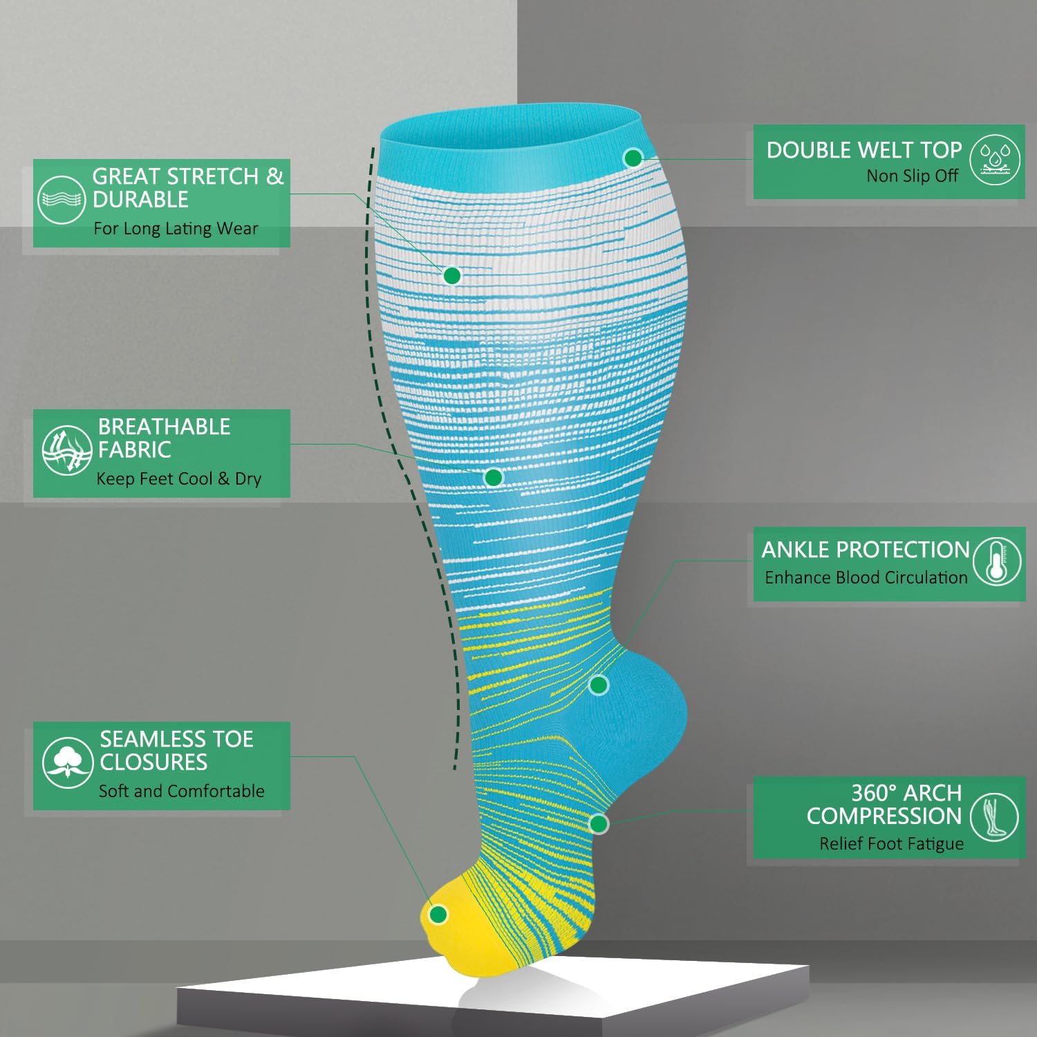 Paquete de 3 calcetines de compresión de talla grande para mujeres y hombres, 15-20 mmHg extra anchos hasta la rodilla para soporte de circulación