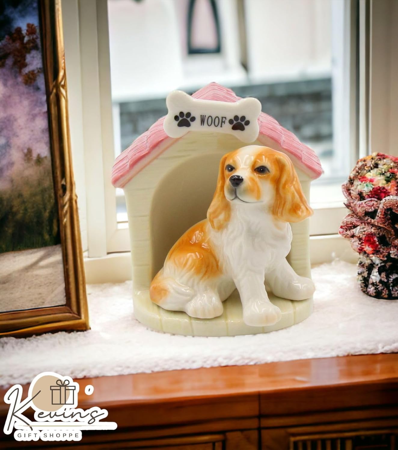 Juego de cocker spaniel de porcelana fina con casa para perros, salero y pimentero, 3-38 pulgadas de alto