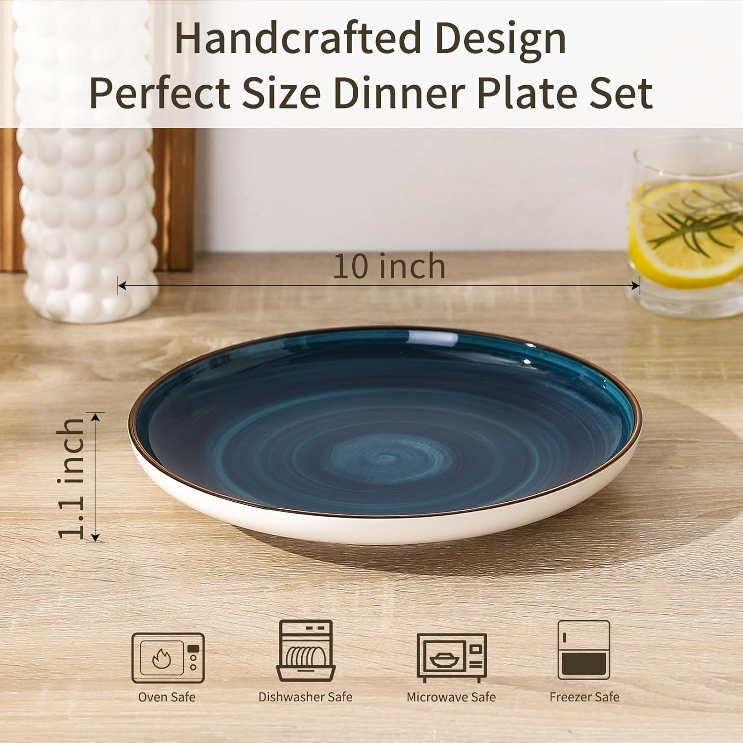 Juego de 6 platos llanos de cerámica de 10 pulgadas, platos de cocina de cerámica, aptos para microondas y lavavajillas, azul marino