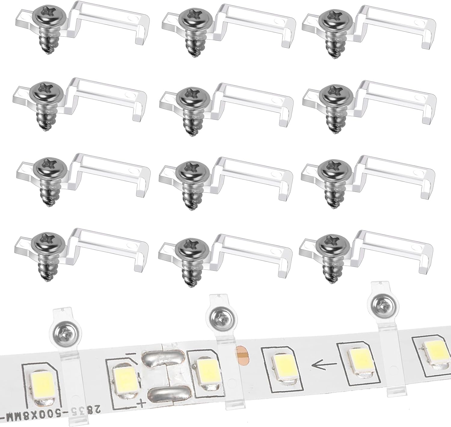 100 clips de luz LED para tira de luz, clips de montaje de un lado de luz LED con tornillos, ganchos de luz de cuerda exterior para tiras de luces