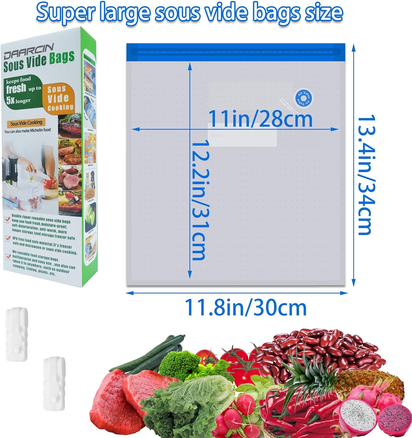 Daarcin Juego de 15 bolsas supergrandes para Sous Vide, bolsas selladoras al vacío reutilizables sin BPA y 2 clips de sellado para almacenamiento de