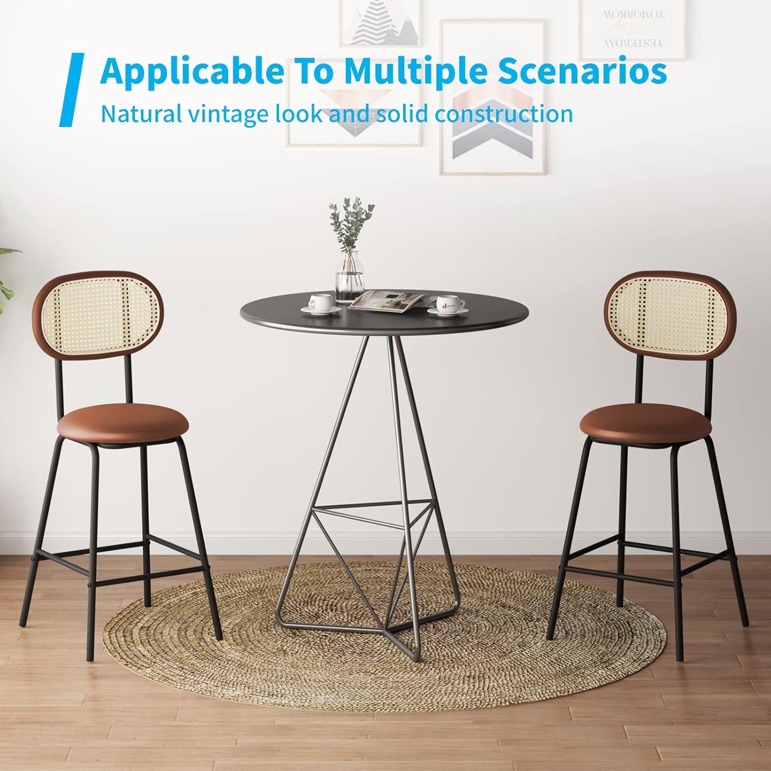 Mjkone Juego de taburetes de bar de cuero de 2.24 pulgadas para interiorexterior, silla de comedor con respaldo de ratán, taburete de bar de altura