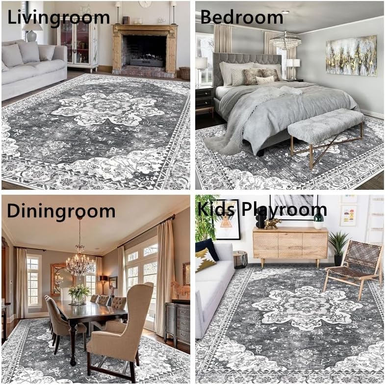 Ileading Alfombra bohemia vintage de 6 x 9 pies, lavable a máquina, de pelo bajo, no desprende pelusa, antideslizante, para dormitorio, comedor,