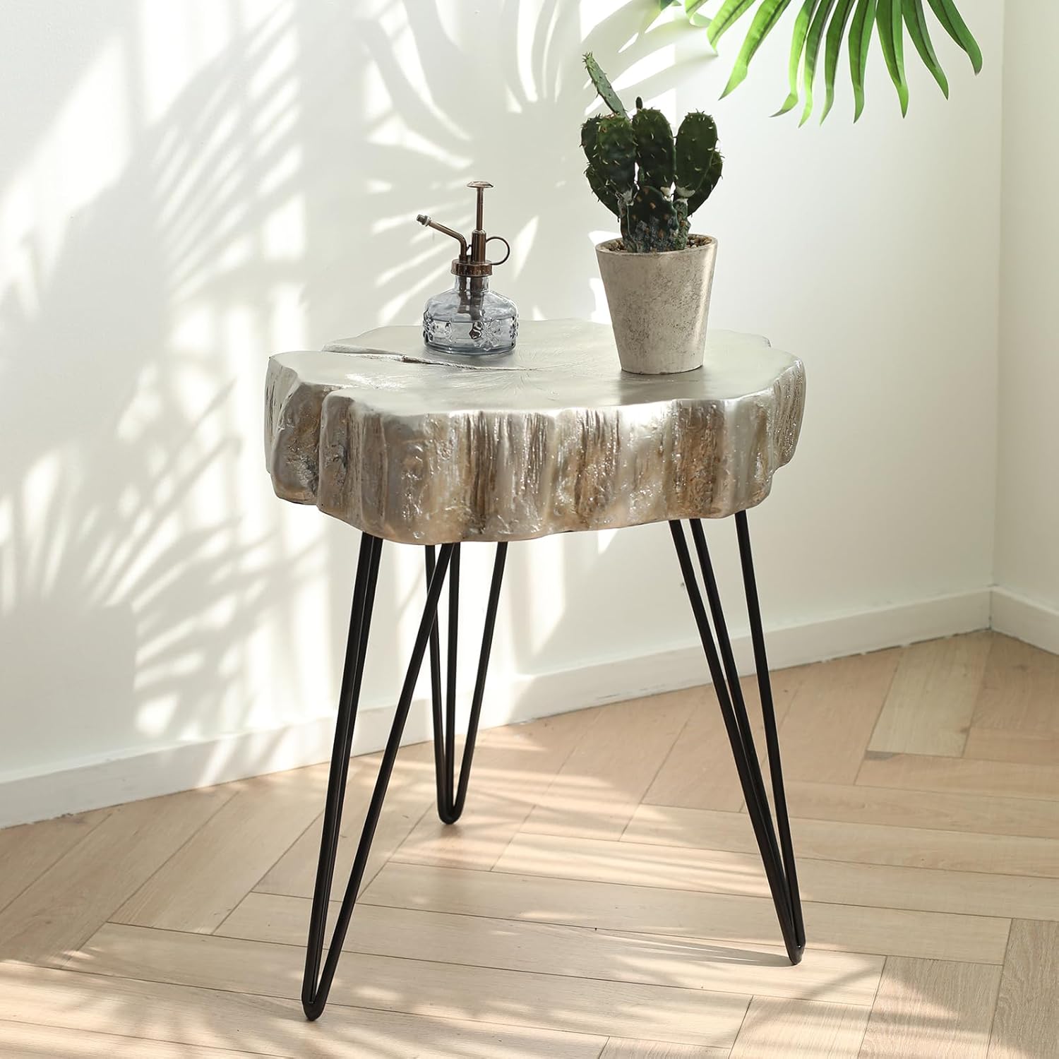 Moderna mesa auxiliar auxiliar para patio, pequeña mesa auxiliar con patas de horquilla para interior y exterior, patio, sala de estar, 19 pies de