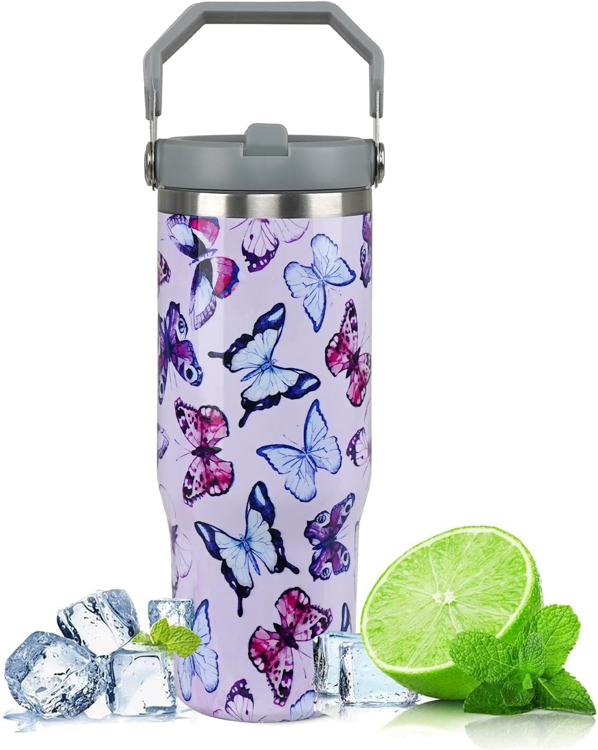 Regalos de mariposa para mujer, vaso de mariposa de 30 onzas con asa, reutilizable, aislado al vacío, con popote abatible y asa superior, acero