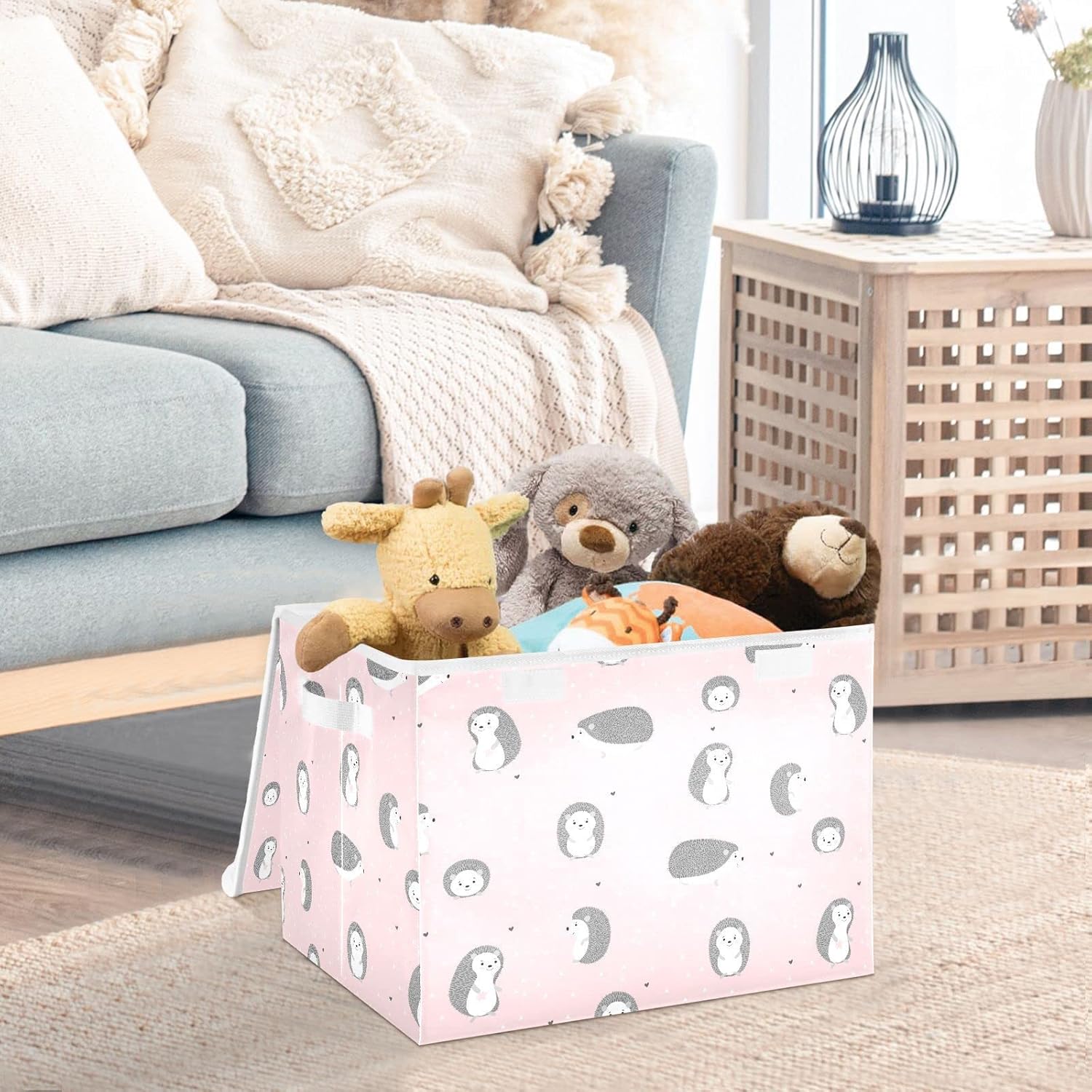Lindos erizos sonrientes rosados, contenedor de almacenamiento plegable con tapa, caja de almacenamiento, cubos grandes, canastas organizadoras con