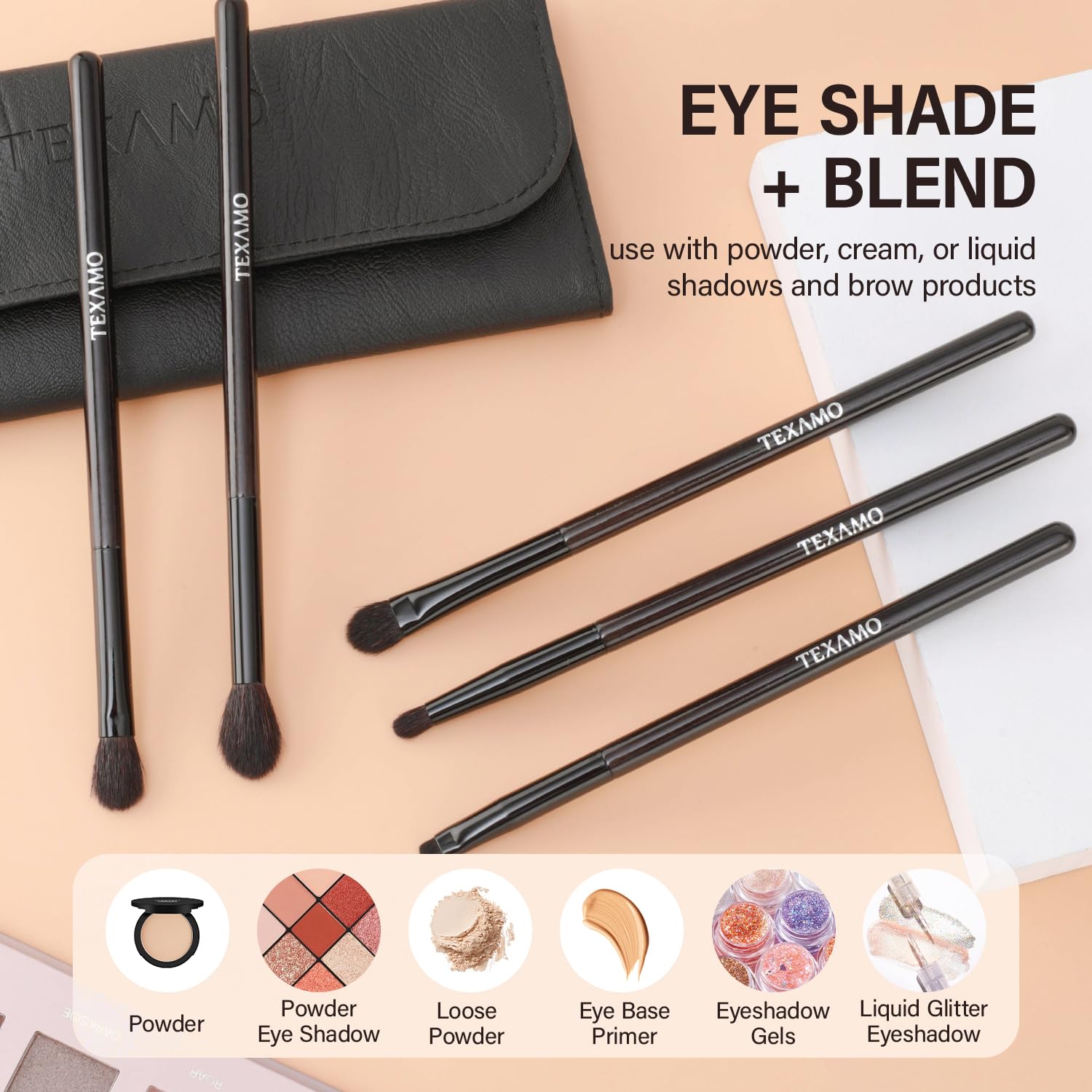 TEXAMO Juego de brochas de sombra de ojos, sin crueldad, profesionales para mezclar, sombra de ojos, pliegues, 5 piezas de pelo natural de cabra de