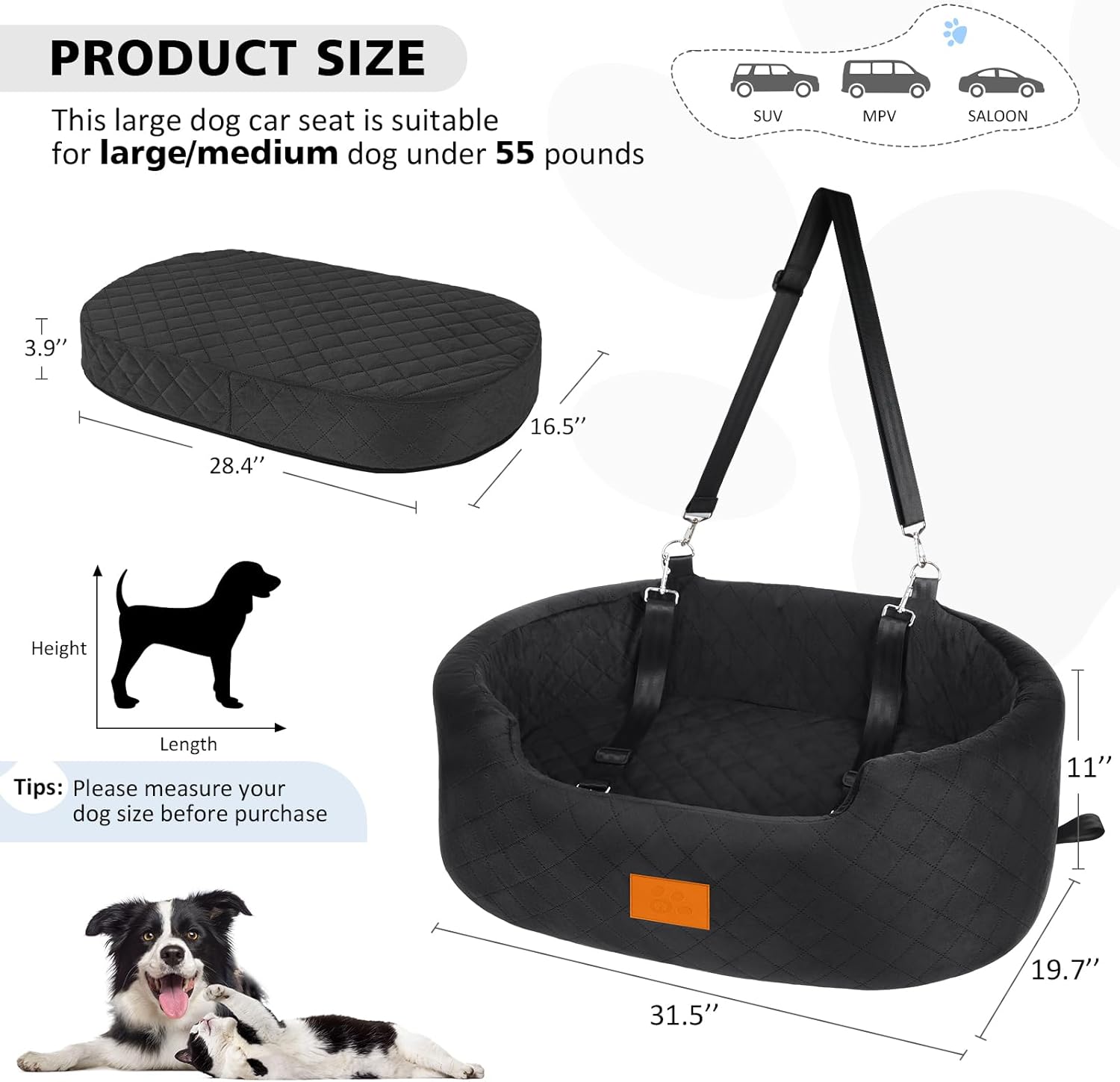 Asiento de automóvil para perros grandesmedianos, asiento de automóvil para mascotas para perros de menos de 55 libras o 2 perros pequeños, asiento
