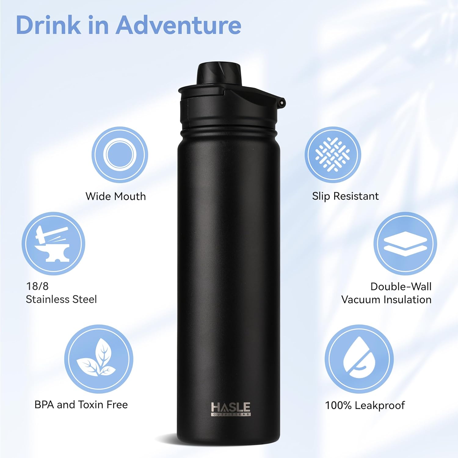 HASLE OUTFITTERS Botella de agua aislada de 22 onzas, botella de agua de acero inoxidable de doble pared, boca ancha con tapa de popote y tapa de
