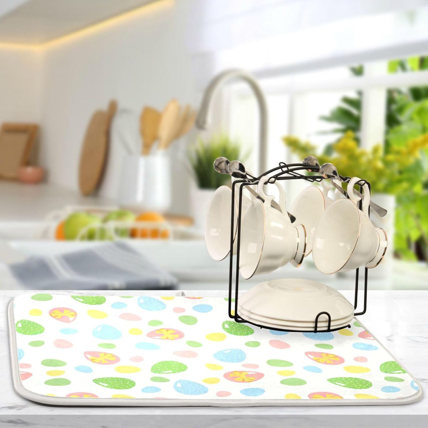 Easter Cute Colored Eggs Dish Drying Mat Washnable Absorbent Kitchen Counter Accessories Countertop Drying Mat Tapete Para Cocina 16” x 18”