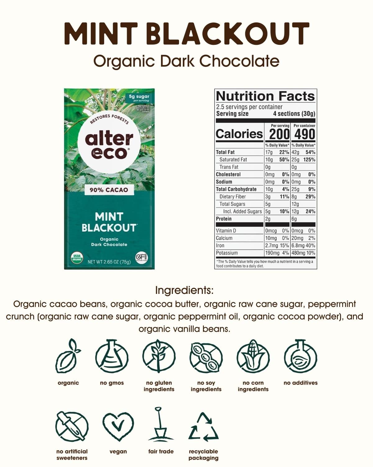 Alter Eco  Barras de chocolate negro  Cacao oscuro puro, comercio justo, orgánico, sin OMG, sin gluten (paquete de 2 menta apagón)