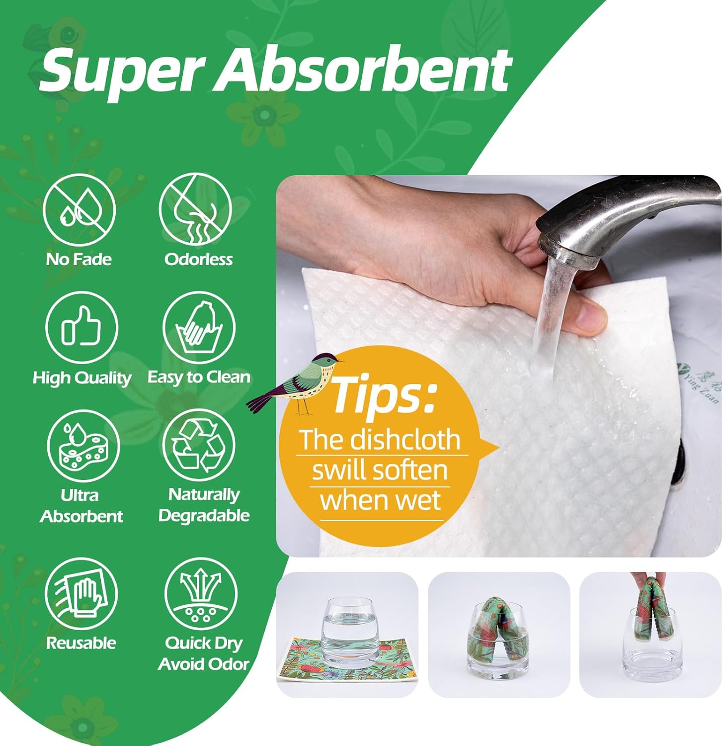Paquete de 6 paños de cocina suecos para cocina, absorbentes y de secado rápido, toallas de cocina decorativas reutilizables, biodegradables, no se
