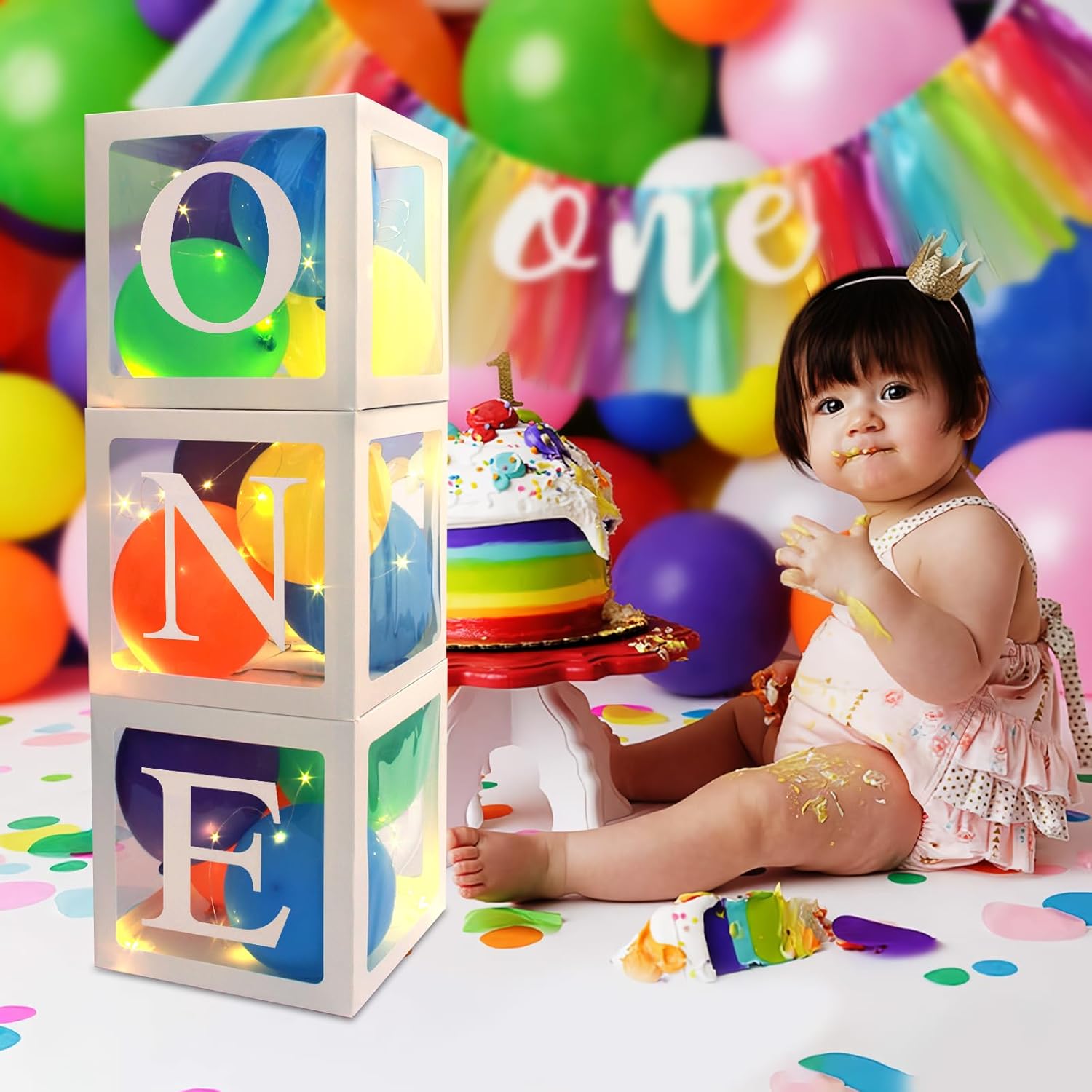 Cajas de globos de primer cumpleaños, cajas de globos con letras “O”N”E” con 3 tiras de 20 luces LED y 30 globos coloridos para fiestas de arcoíris,