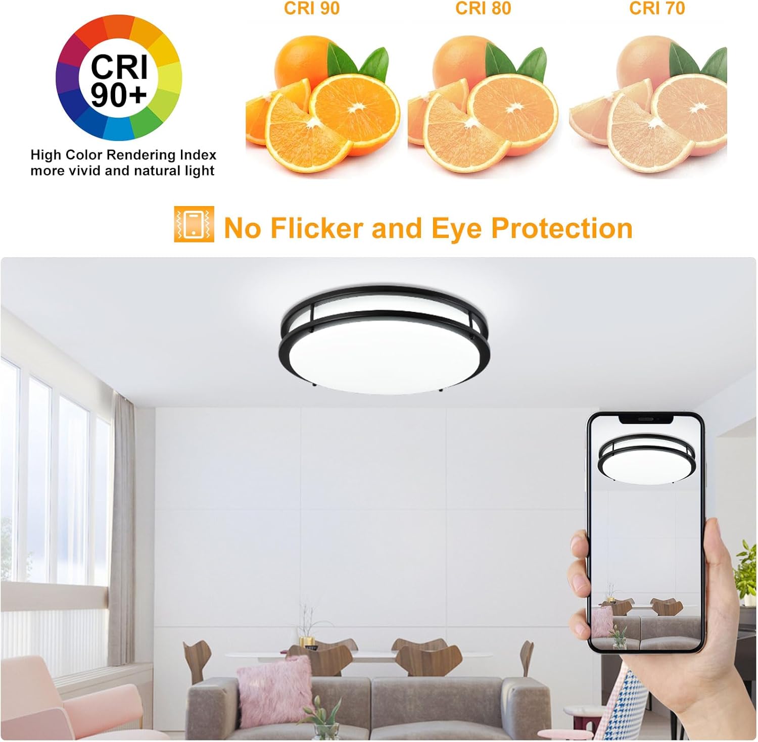 DLLT – Lámpara de techo LED moderna de 48 W con control remoto, 18 pulgadas, regulable, color negro, redondo, para dormitorio, cocina, pasillo, modo