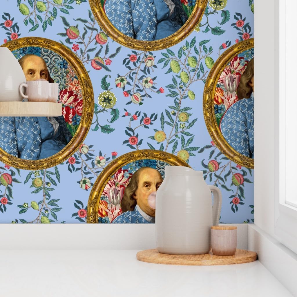 Spoonflower Papel tapiz extraíble de 12 x 2 pies  Benjamin Franklin Bubblegum Retrato Floral Estampado Azul Novedad Papel pintado personalizado