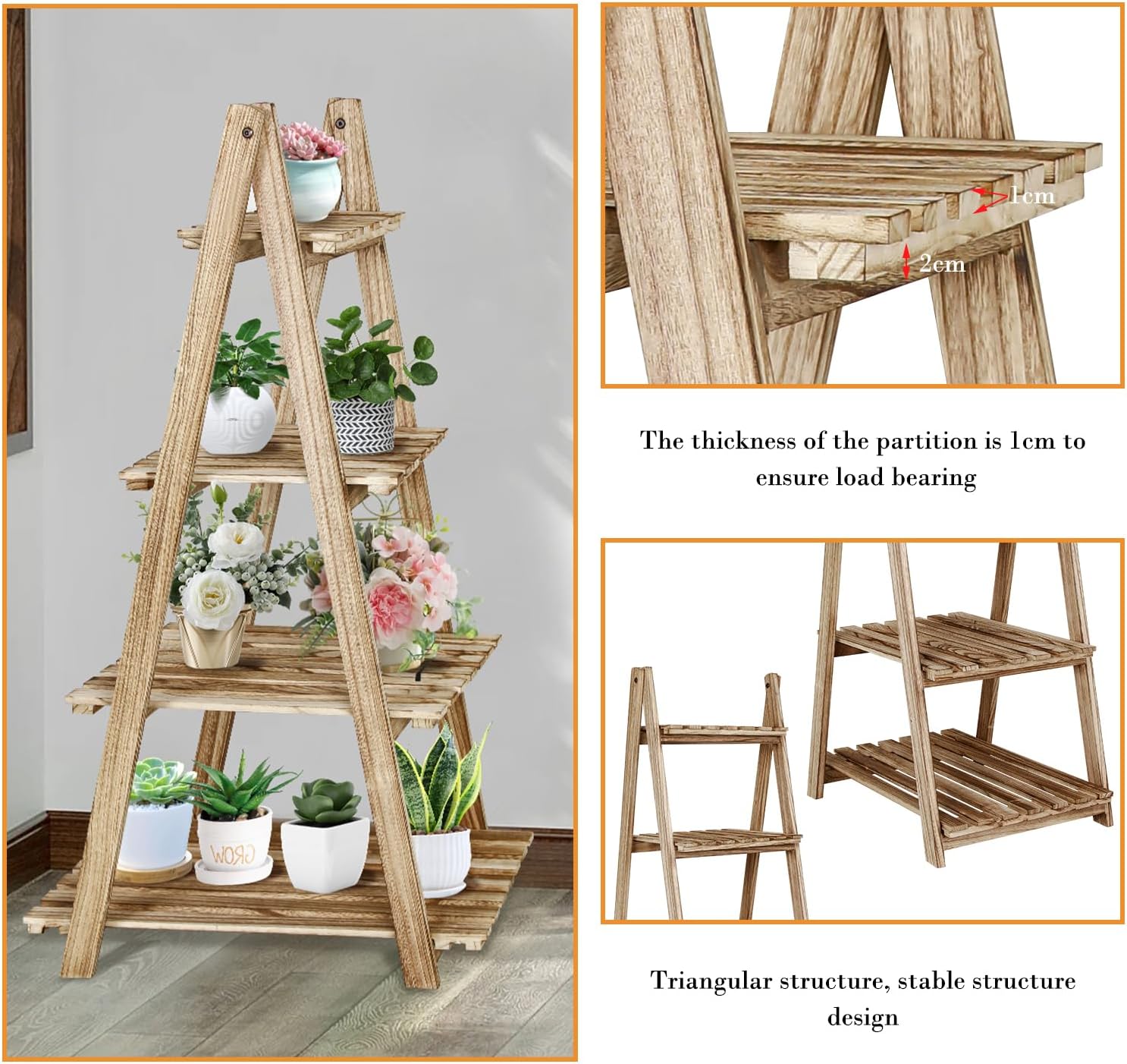 ECOMEX Estante de escalera – Organizador de almacenamiento con estantes de madera rústica de 4 niveles, elegante y funcional soporte para plantas de