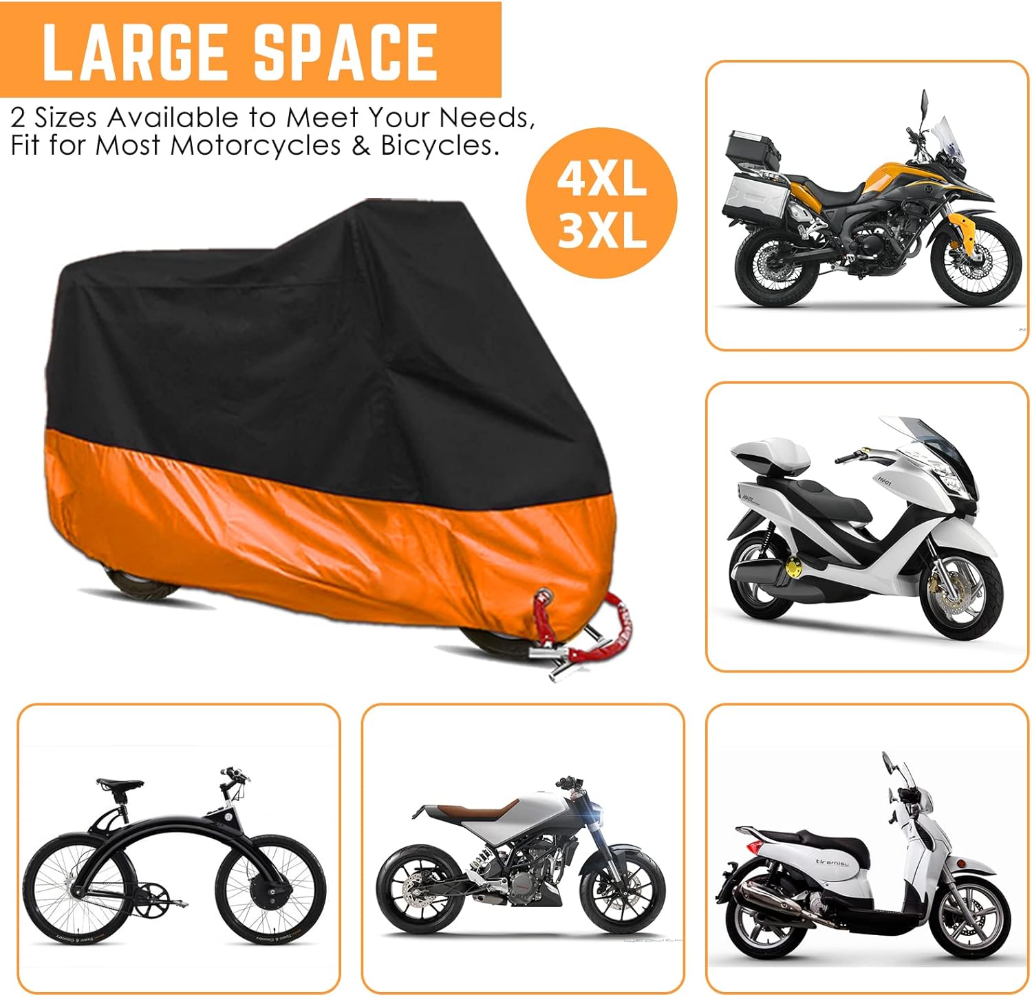 Funda para motocicleta, para todas las estaciones, impermeable, a prueba de polvo, duradera, con agujeros de bloqueo, se adapta hasta 116 pulgadas