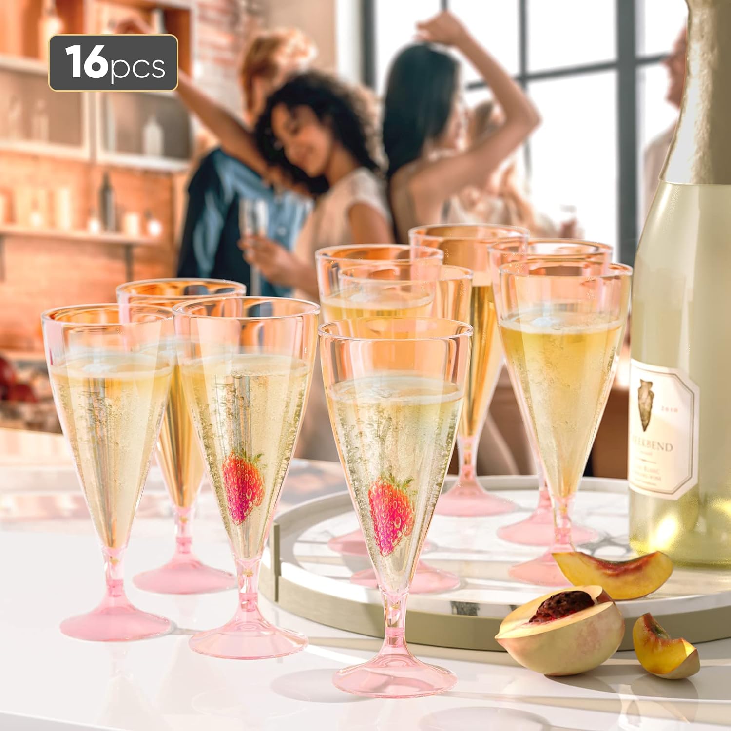 Copas de champán de plástico, 16 copas de champán de plástico, irrompibles y reutilizables, sin tallo, vasos de mimosa de plástico sin BPA,