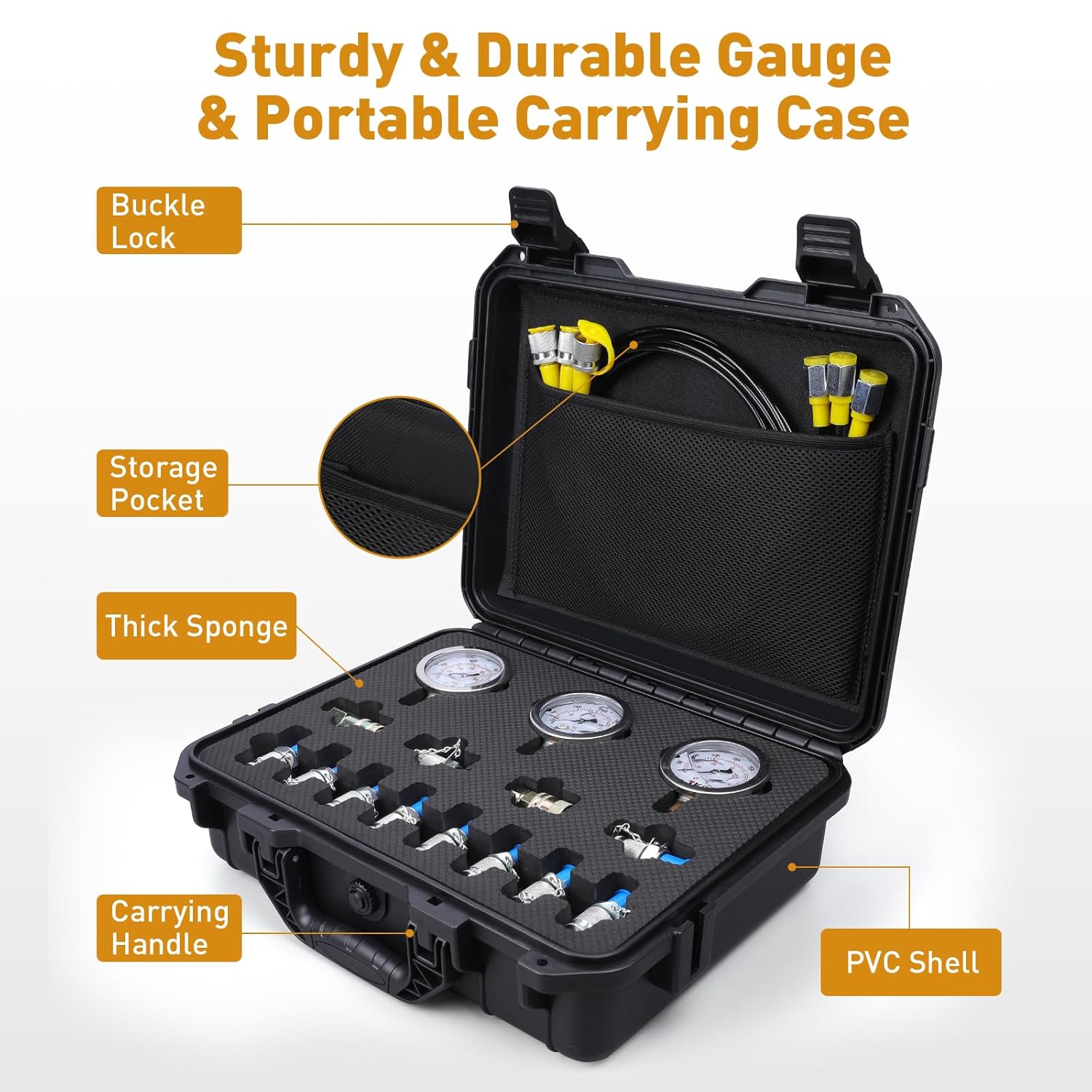 Kit de prueba de presión hidráulica, 600 bares8700 psi60 mpa, 3 calibradores, 12 conectores en T, 3 mangueras de prueba, kit de calibre hidráulico,