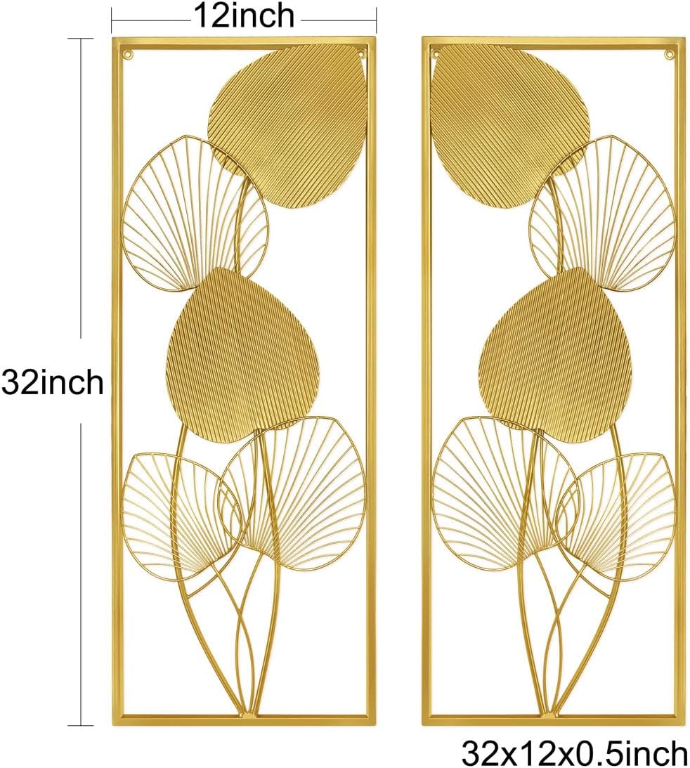 BOTAISHENG Juego de 2 hojas de metal para decoración de pared dorada para el hogar, 32 x 12 pulgadas, decoración de habitación con marco para sala