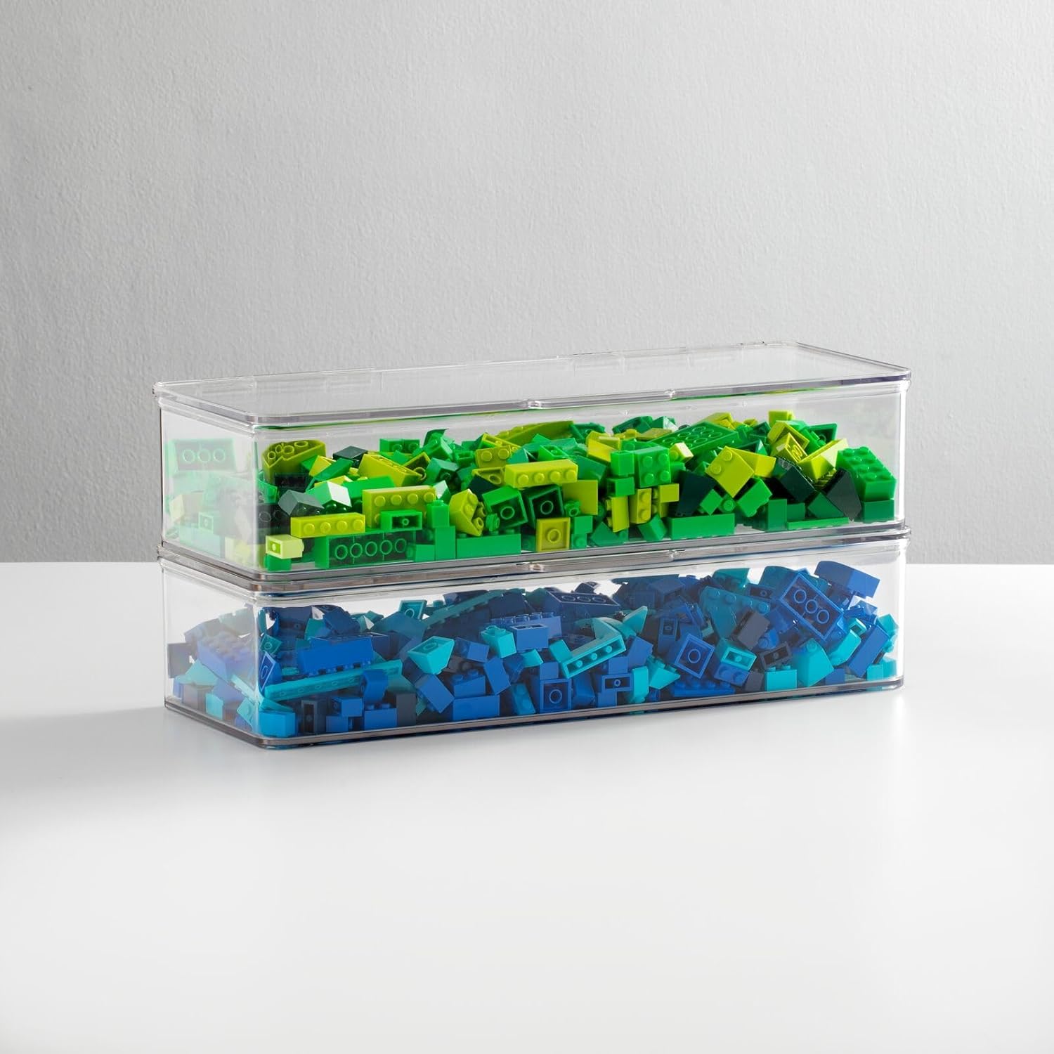 mDesign Contenedor organizador largo de plástico con tapa con bisagras, capacidad para juguetes pequeños, bloques de construcción, rompecabezas y