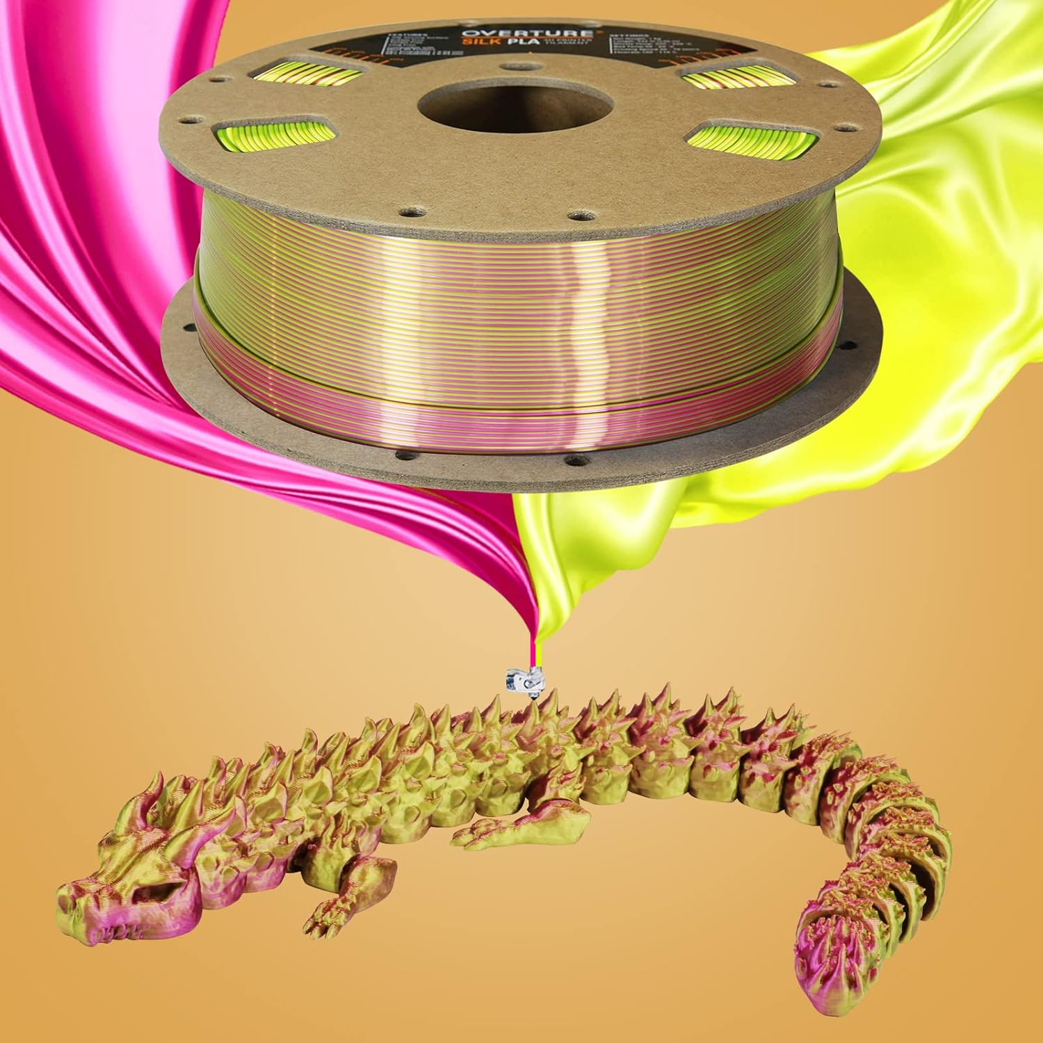 OVERTURE Filamento PLA de seda de doble color de 0.069 pulgadas, filamento de impresora 3D brillante sin obstrucciones, carrete de 2.2 libras,