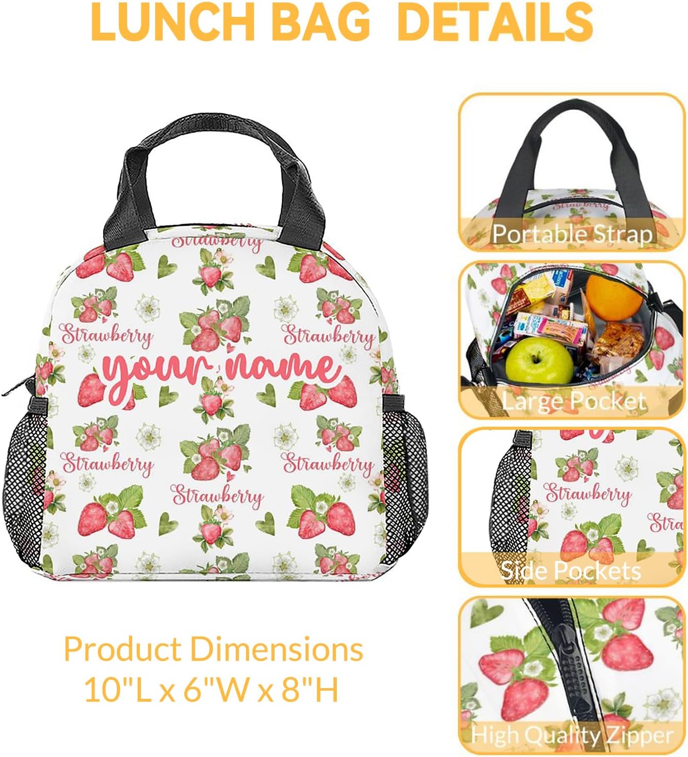 Lonchera personalizada de fresa para niños, pequeñas bolsas de almuerzo aisladas, bonita lonchera reutilizable para niñas, bolsas de almuerzo