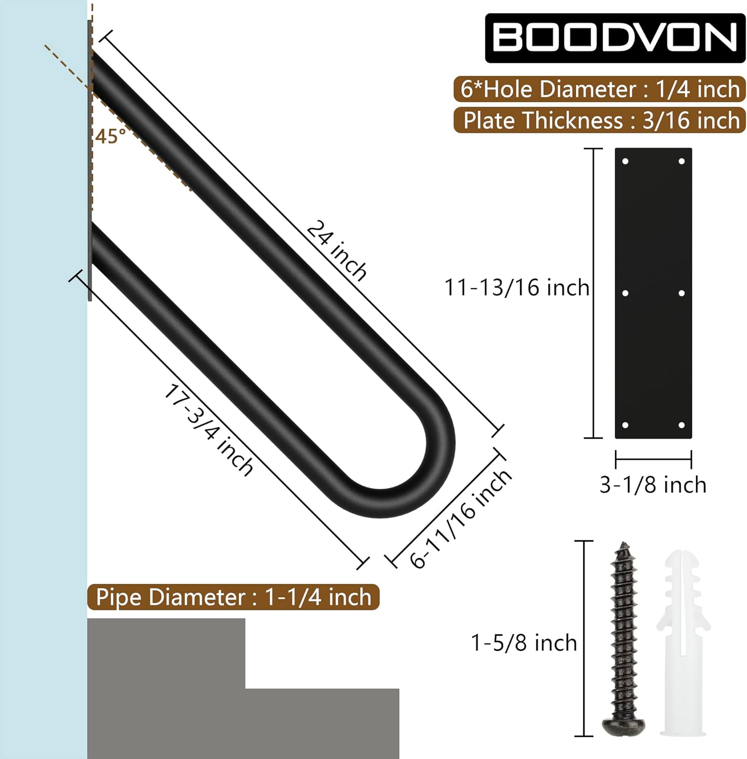 BOODVON Pasamanos de montaje en pared para escalones al aire libre, barandilla de escalera en forma de U para pasamanos de 1 a 3 escalones con