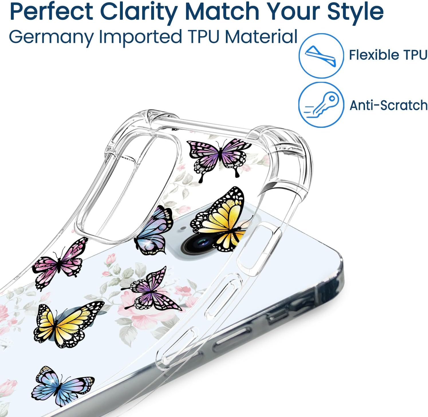 Hi Space Funda compatible con iPhone 15 Plus, patrón transparente de mariposas, flores de jardín para iPhone 15plus, funda protectora de poliuretano