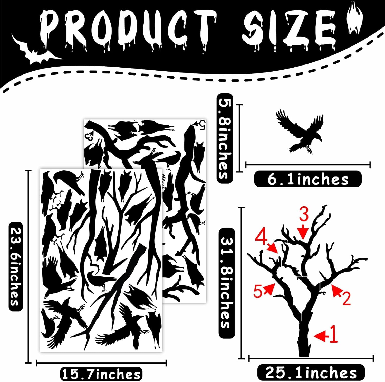 Calcomanías grandes para ventana de Halloween, árbol de Halloween, calcomanías de pared de murciélagos, calcomanías de cuervo de pájaro negro,