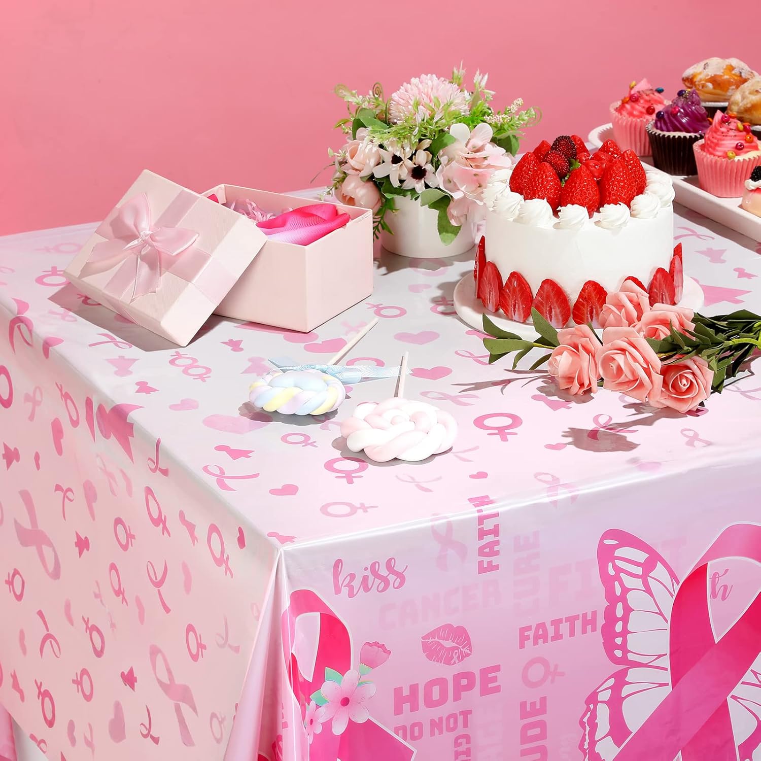 3 piezas de decoraciones para fiestas de concientización sobre el cáncer de mama, fundas de mesa desechables con cinta rosa para concientización,