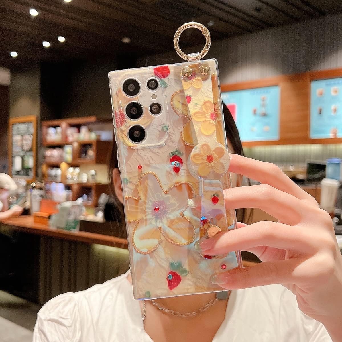 Funda para Samsung Galaxy S22 Ultra de 6.8 pulgadas, brillante con soporte de correa, diseño de patrón de flores de pintura al óleo de silicona a