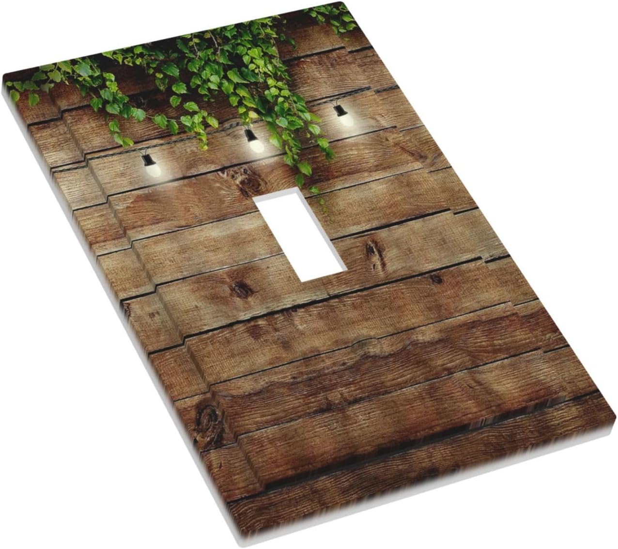 Tablero de madera vintage rústico con hojas verdes, cubierta de interruptor de luz de palanca individual, tablones de madera de granja, puerta de