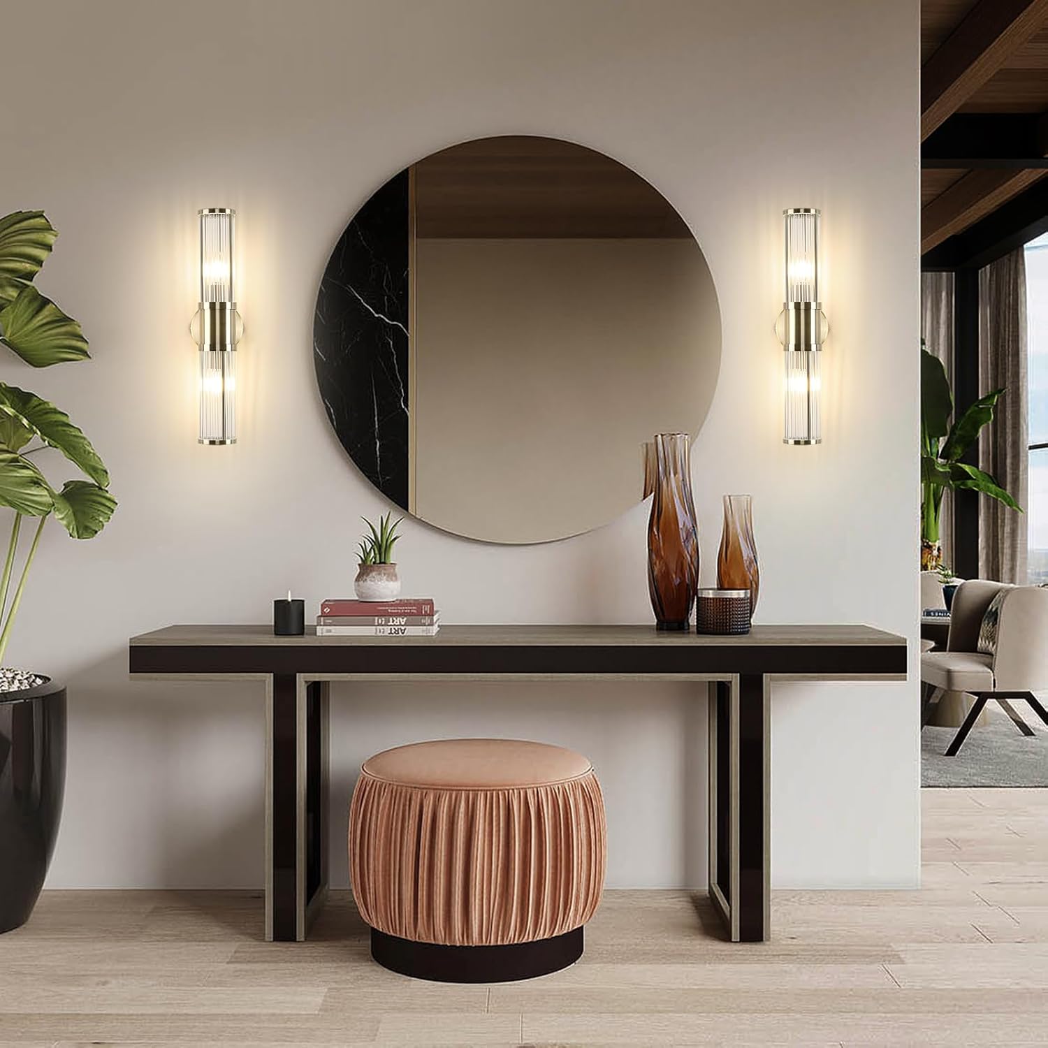 Lámpara de pared con varillas de vidrio para interiores, de bronce antiguo, accesorios de tocador para baño, junto al espejo, lámparas de