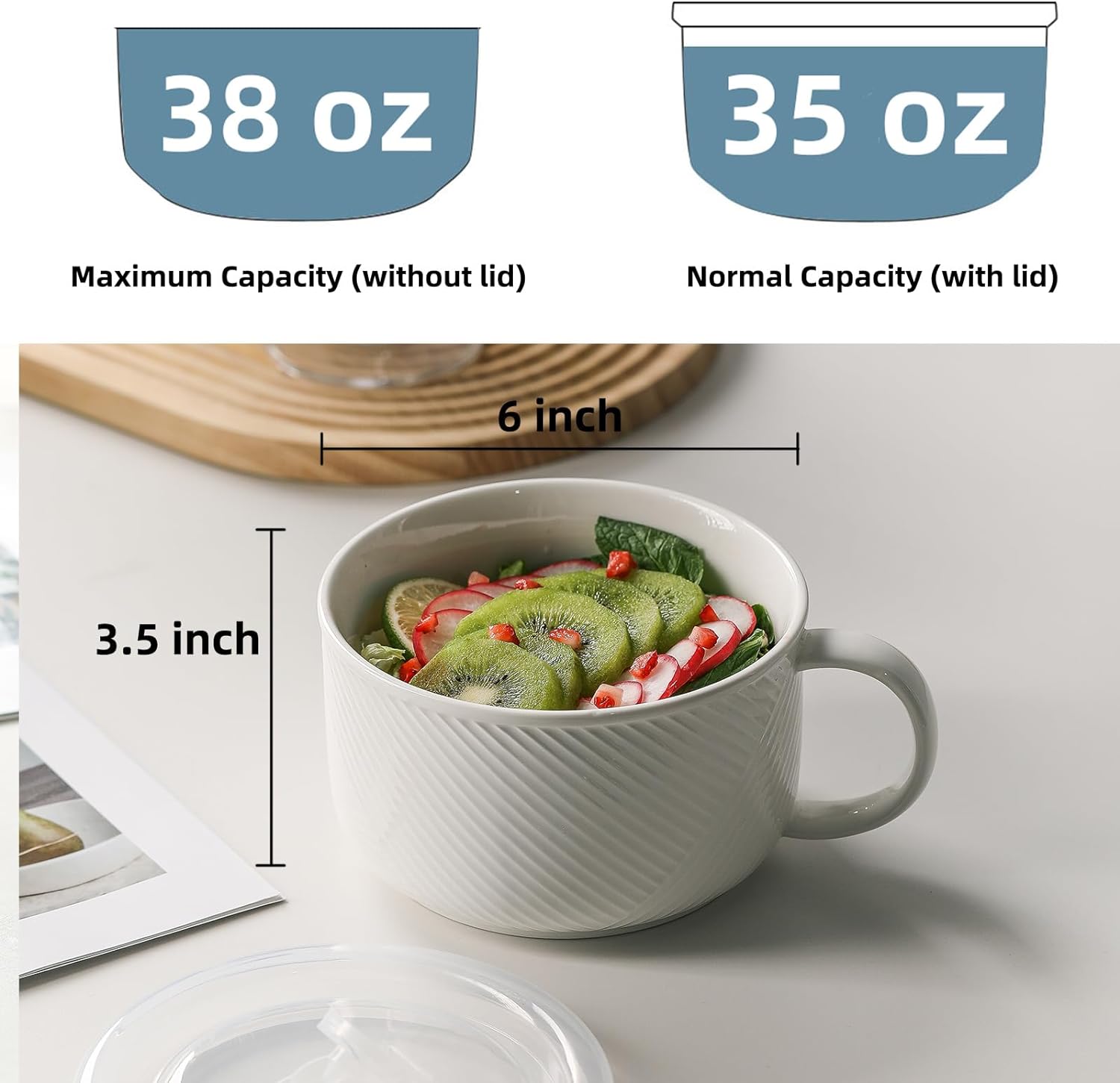 Adewnest Tazón de sopa de gran tamaño con asa cuenco de cerámica para ramen de 38 onzas con tapa, apto para microondas con asa, taza de sopa