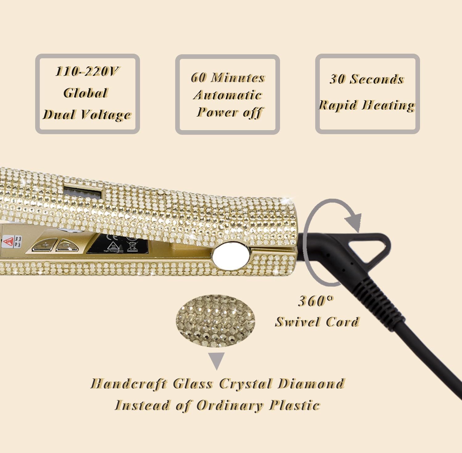 Plancha de pelo con diamantes de imitación, plancha de pelo profesional de diamante con alta temperatura de 480 F, planchas planas de nano-titanio,