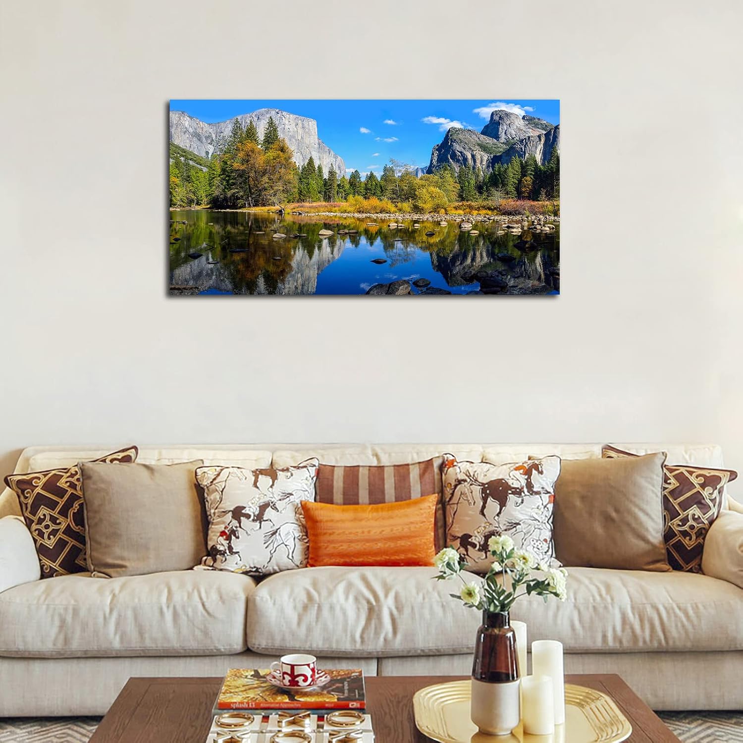 Lienzo grande para pared, paisaje de montaña y lago, arte en lienzo sobre el parque nacional de Yosemite, bosque verde, lago azul, agua, arte