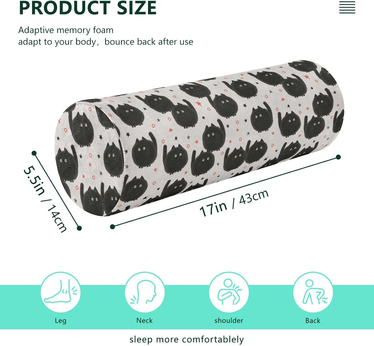 Halloween Spooky Cats Bed Bolster Pillow Down Neck Roll Pillow Lumbar Round Pillow Cylinder Foam Pillow Bed Back Support