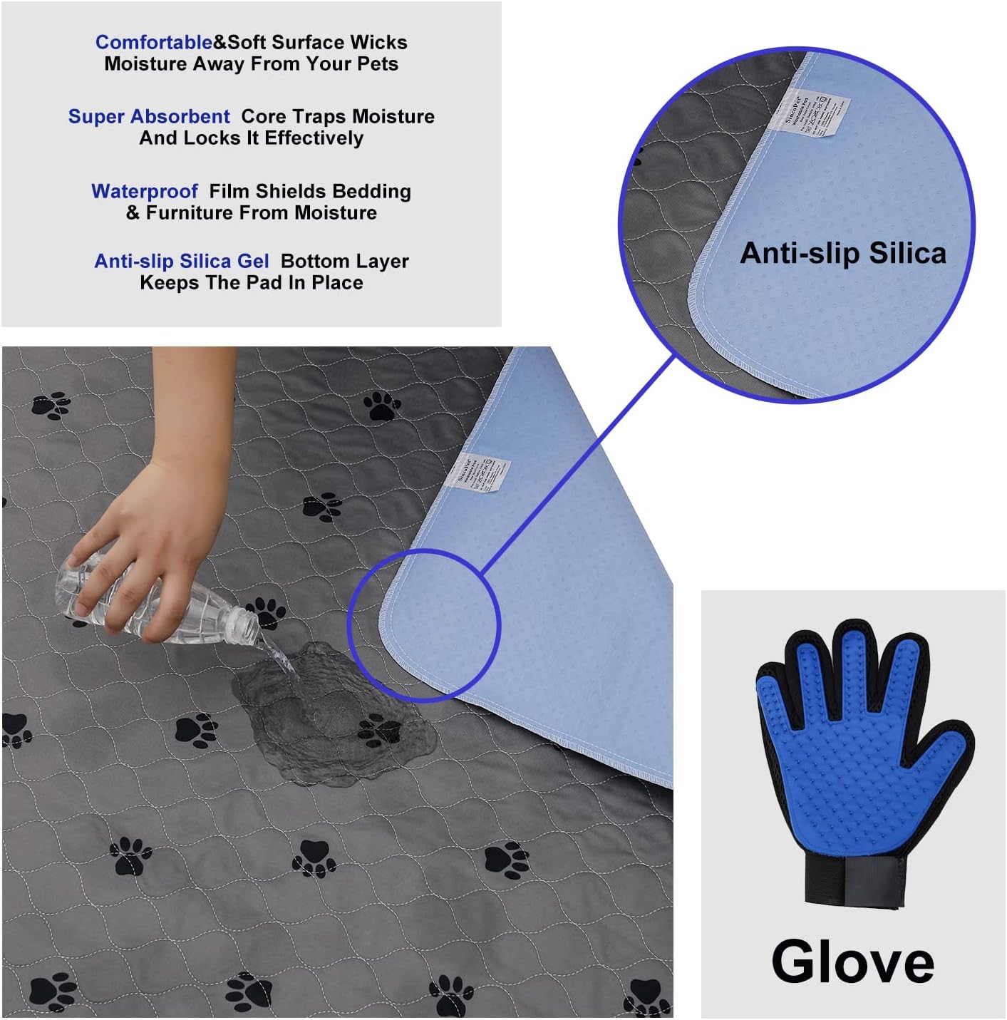 Almohadillas lavables para orina para perros + guantes de aseo gratuitos para cachorros, acolchados, de absorción rápida, lavable a máquina,