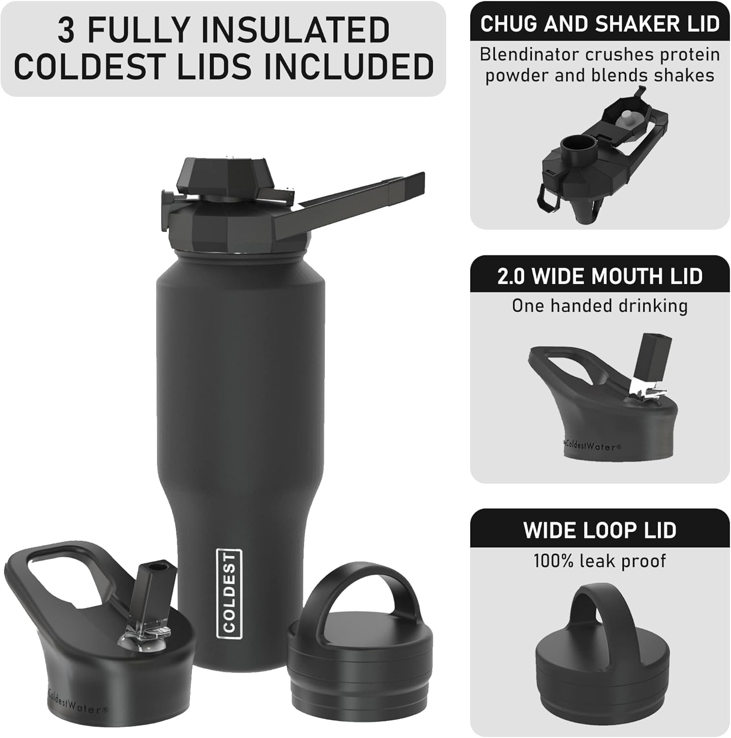 COLDEST – Botella deportiva de 3 tapas (con pico, con pitillo y con asa), vaso con aislamiento al vacío, de acero inoxidable, se adapta a la tapa