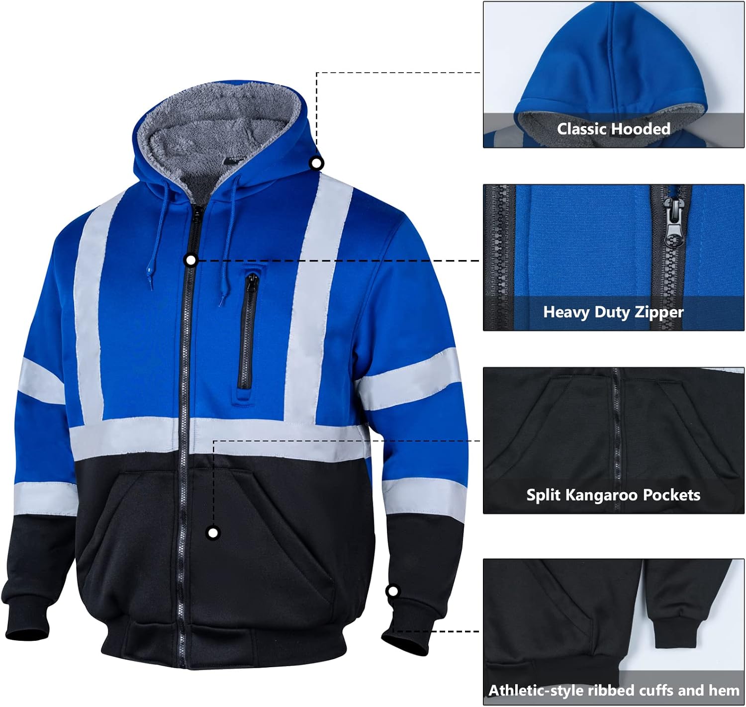 Sudaderas reflectantes de seguridad ANSI Clase 3 para hombre, de lana y forro polar, con cremallera y parte inferior negra (azul rey, XL)