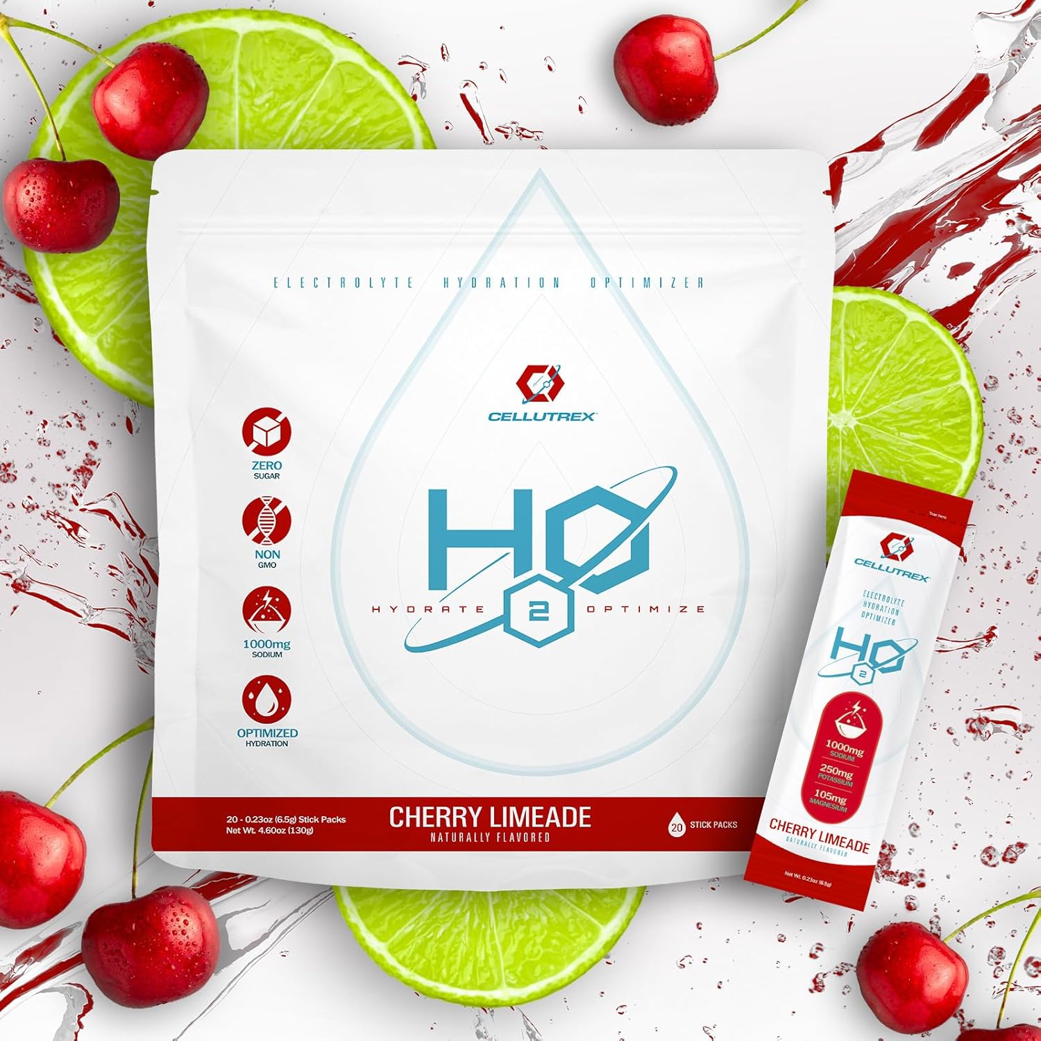 Cellutrex H2O (Hydrate 2 Optimize) – Paquetes de polvo de limonada de cereza  Mezcla de bebida con electrolitos  Fácil de abrir una sola porción