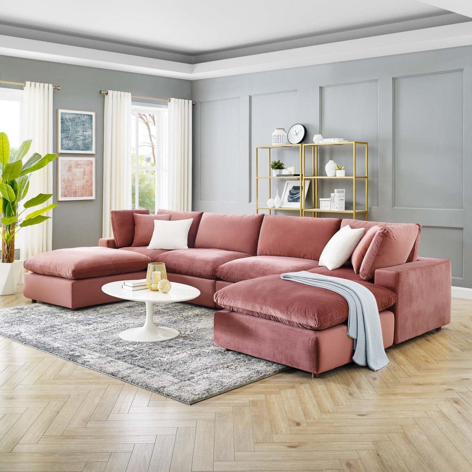 Modway Commix Sofá seccional de 6 piezas de terciopelo de alto rendimiento relleno de plumón en rosa polvoriento