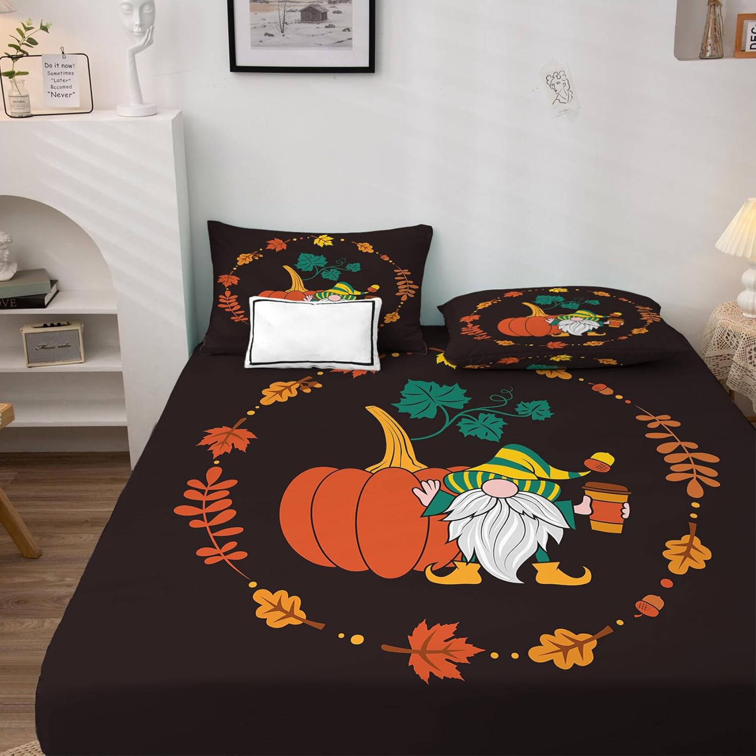 Juego de sábanas tamaño Queen de gnomo de otoño, sábanas de calabaza de Acción de Gracias, microfibra suave, bolsillo profundo, sábanas y fundas de