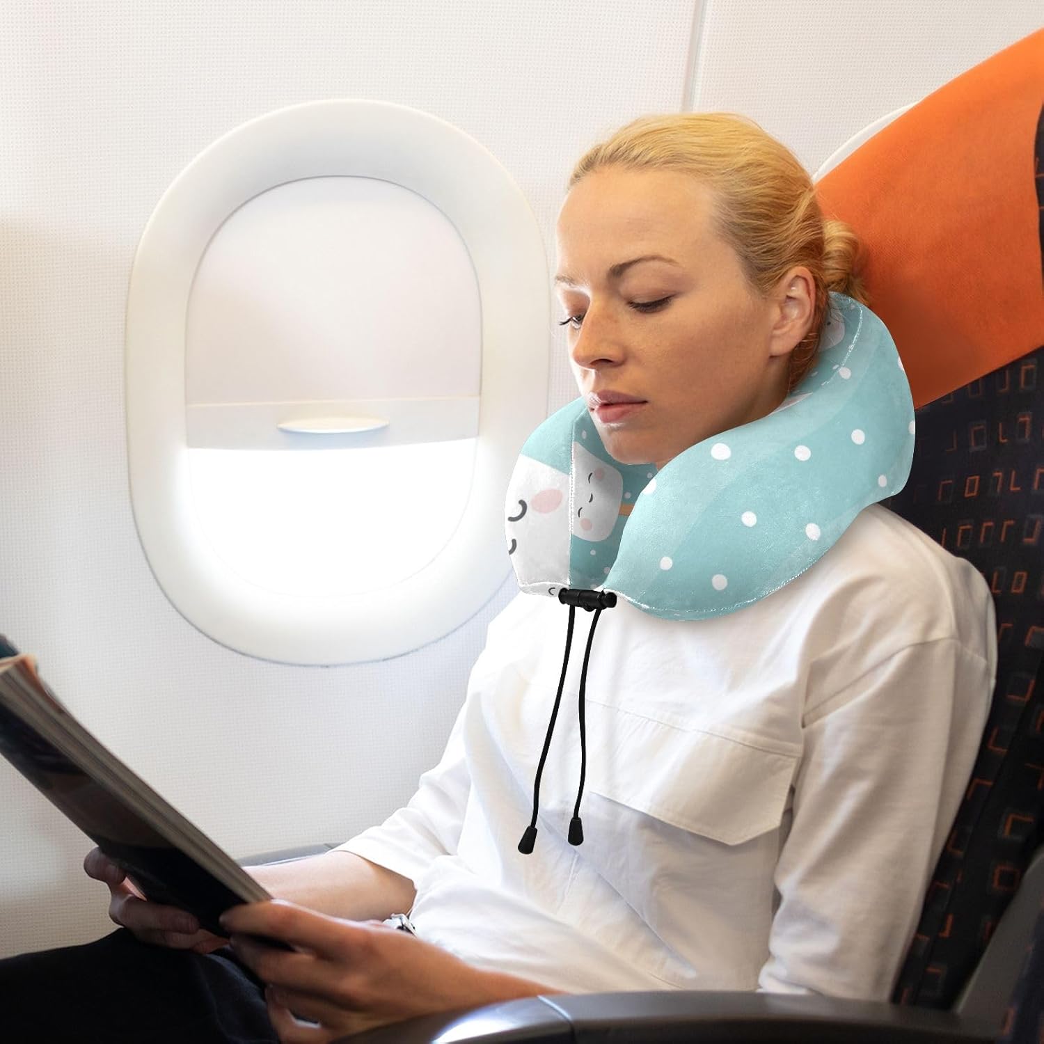 Marshmallow – Almohadas de viaje portátiles con patrón de cara, almohada en forma de U para avión, almohada de viaje para niños